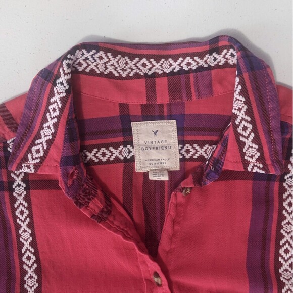 American Eagle Plaid Boyfriend Shirt  XS Pink Western Aztec Embroidered Womens - Picture 6 of 9